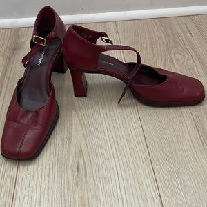 Red leather heels with ankle strap